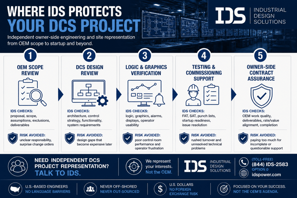 DCS owner’s engineering infographic showing how IDS protects plant owners during OEM scope review, DCS design review, logic and graphics verification, commissioning support, and contract assurance.
