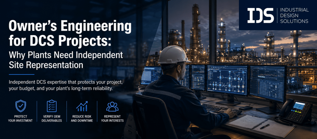 Owner’s engineering for DCS projects showing an engineer reviewing control system screens inside an industrial plant control room.