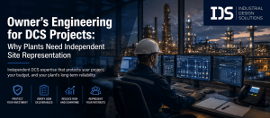 Owner’s engineering for DCS projects showing an engineer reviewing control system screens inside an industrial plant control room.