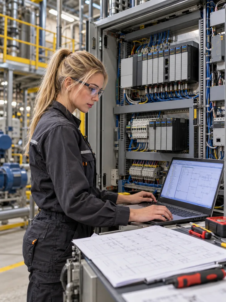 An engineer checks a control diagram on a laptop beside an open industrial control cabinet, with drawings and tools on the bench.