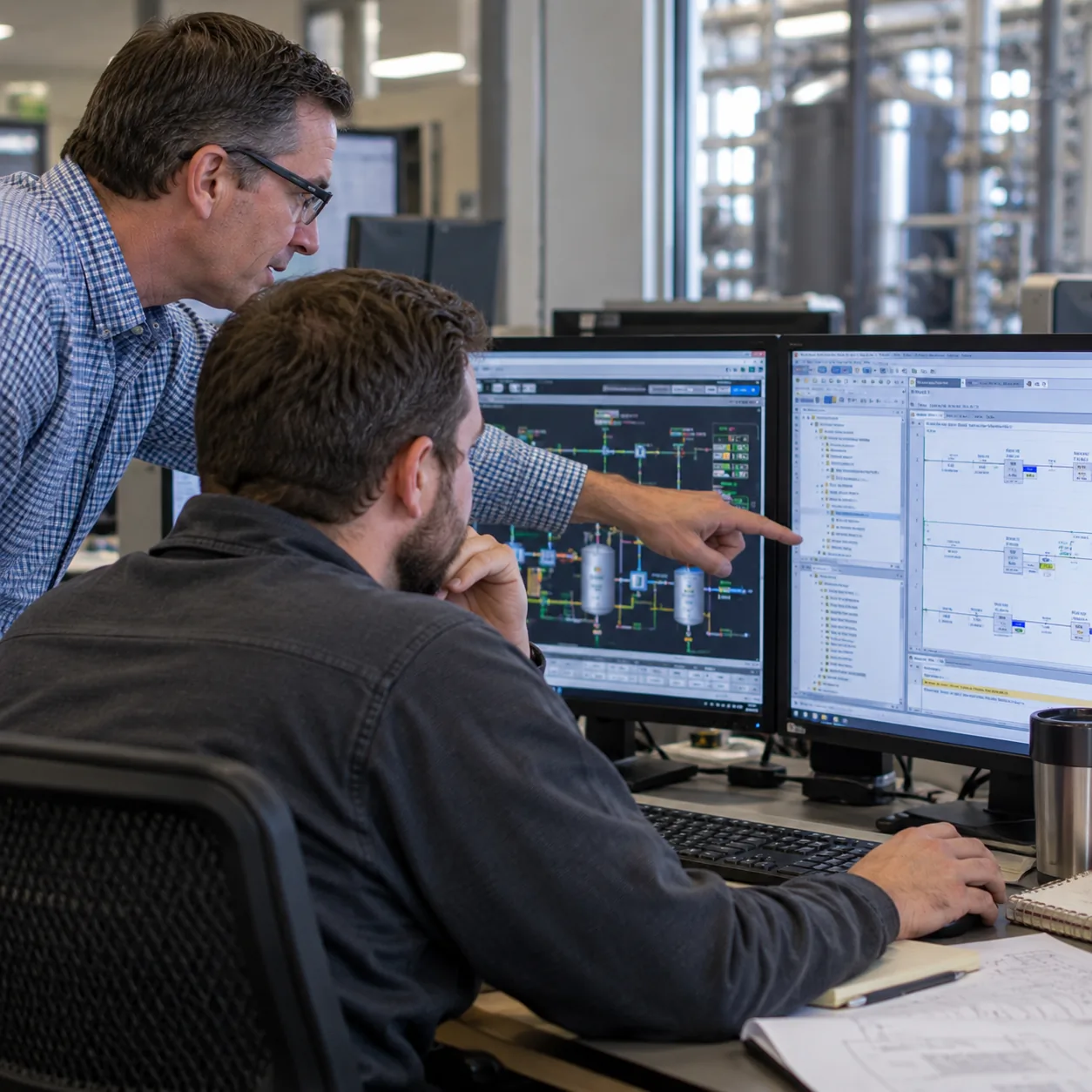 Two control engineers review a process graphic on one monitor and a second engineering display on the other, one pointing at the graphic.