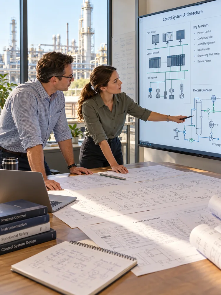 Two engineers review control-system drawings beside a screen showing a control system architecture and process overview, with the plant visible through the window.
