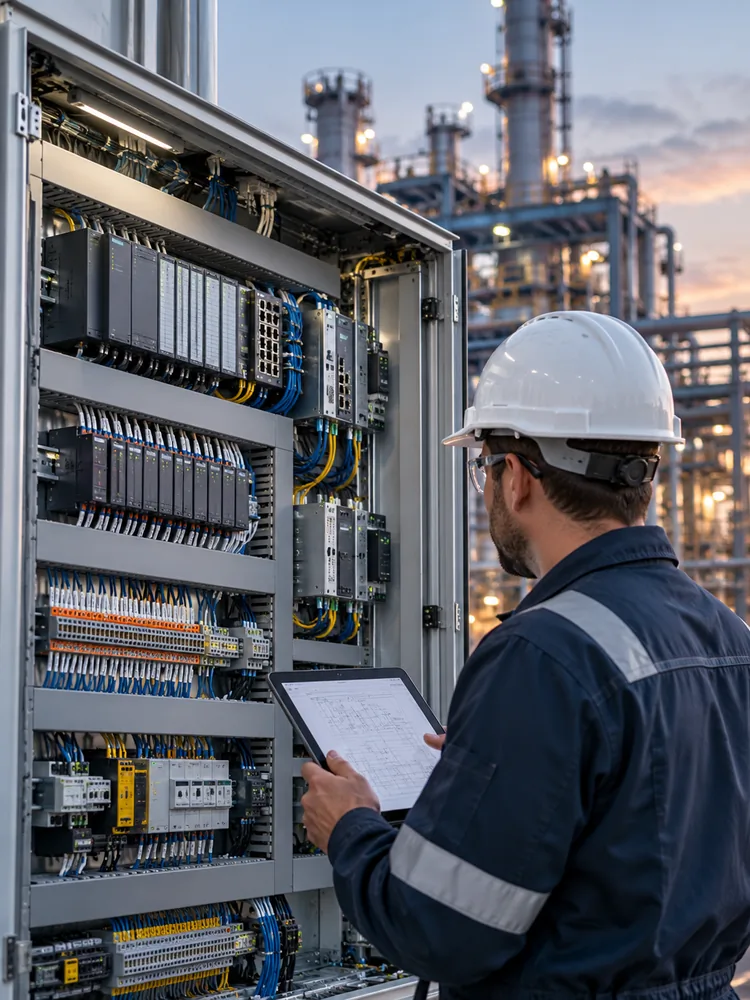 An engineer in a hard hat compares a drawing on a tablet to an open industrial control cabinet, with the plant behind him.