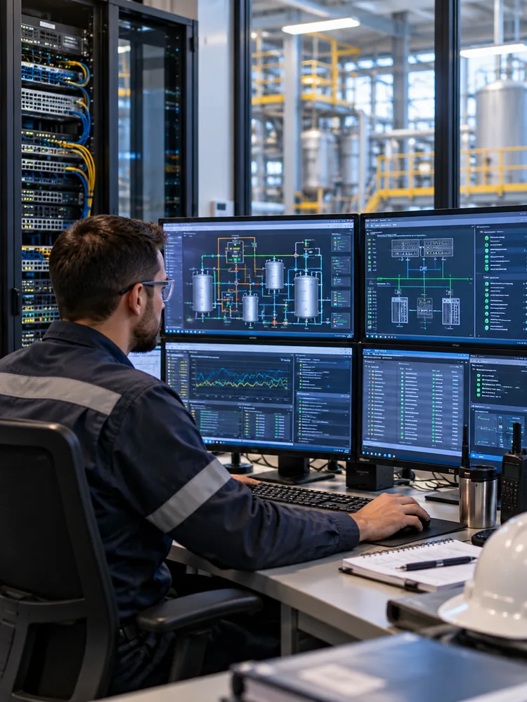 An engineer reviews process graphics and system lists at a console beside a network rack, with the plant visible through the glass.