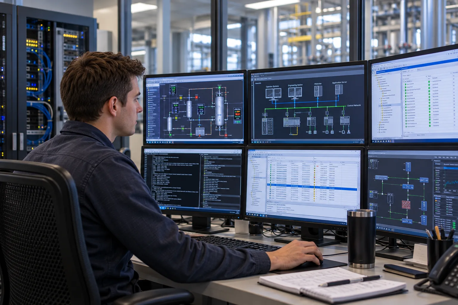 An engineer monitors a control-system network diagram, process graphic, and server racks from a multi-screen workstation.