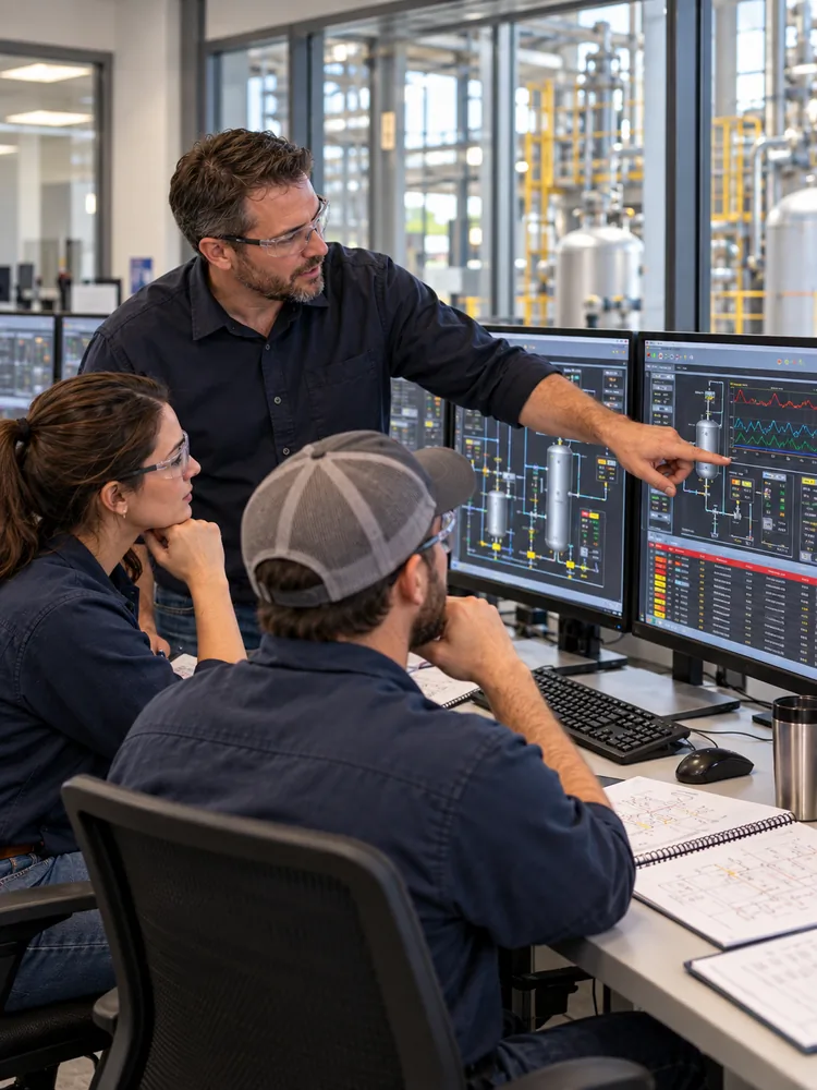 An instructor points to a process graphic and trends while two trainees review the console, with the plant visible through the glass.