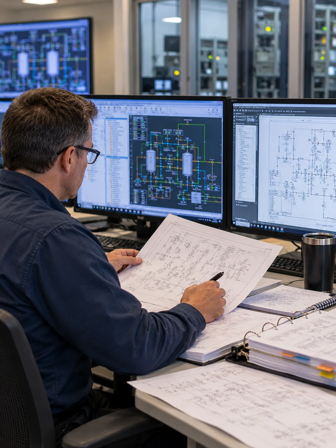 An engineer compares a marked-up drawing to a process graphic and a second diagram on dual monitors, with bound drawing sets on the desk.