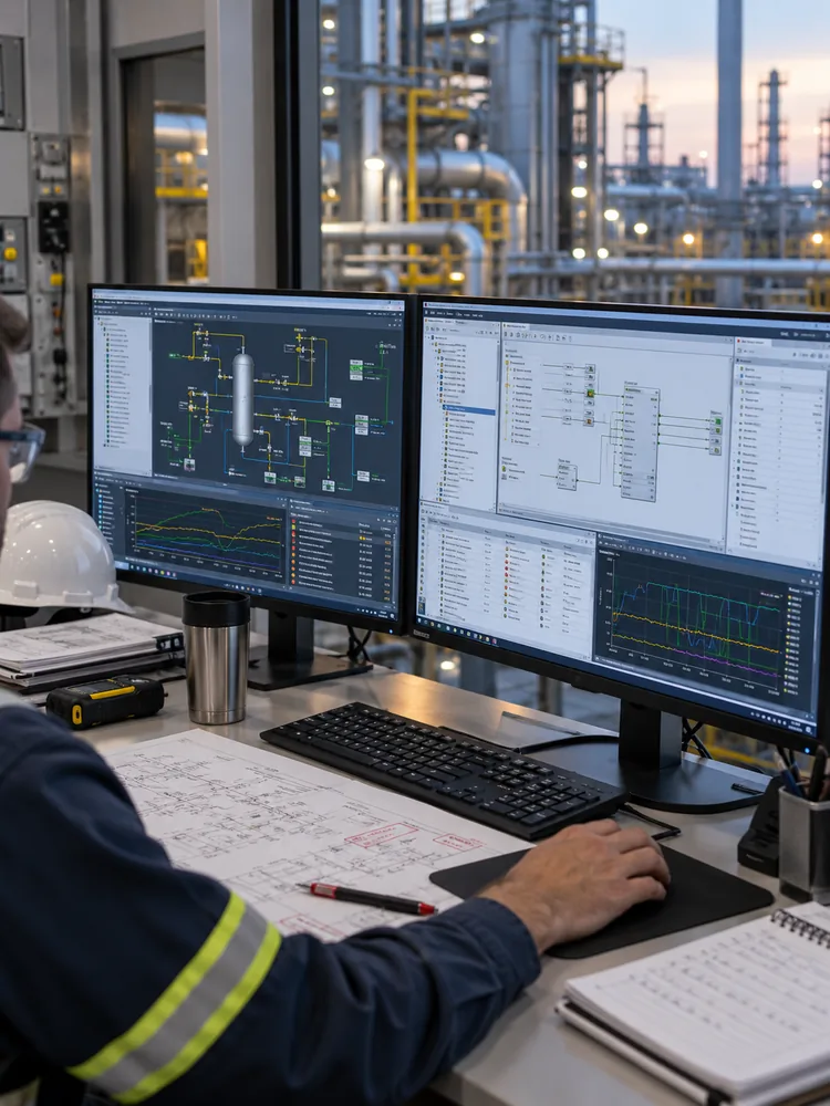 An engineer reviews a process graphic and a control diagram at a dual-monitor workstation, with marked-up drawings on the desk and the plant outside.