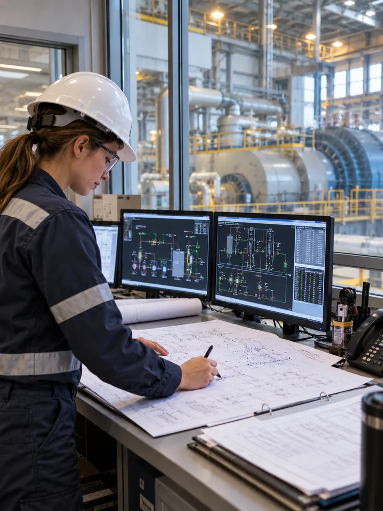 An engineer marks a drawing at a console while process graphics run on dual monitors, with plant equipment visible through the windows.