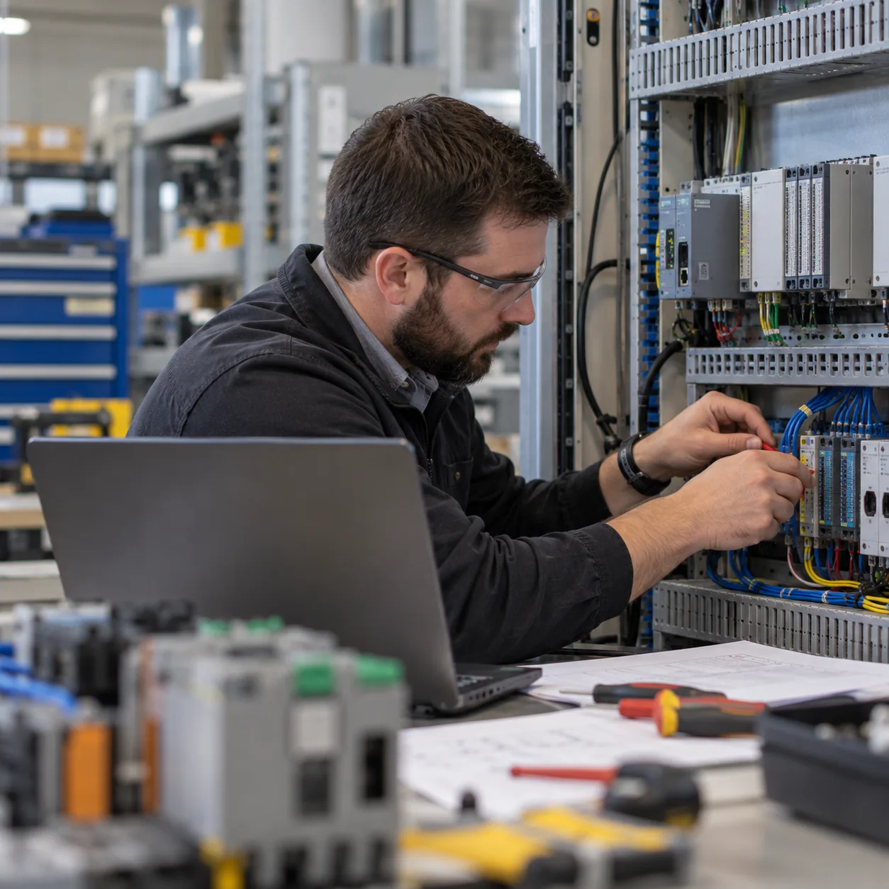 An engineer in safety glasses works on wiring inside an open industrial control panel, with a laptop, drawings, and tools on the bench.