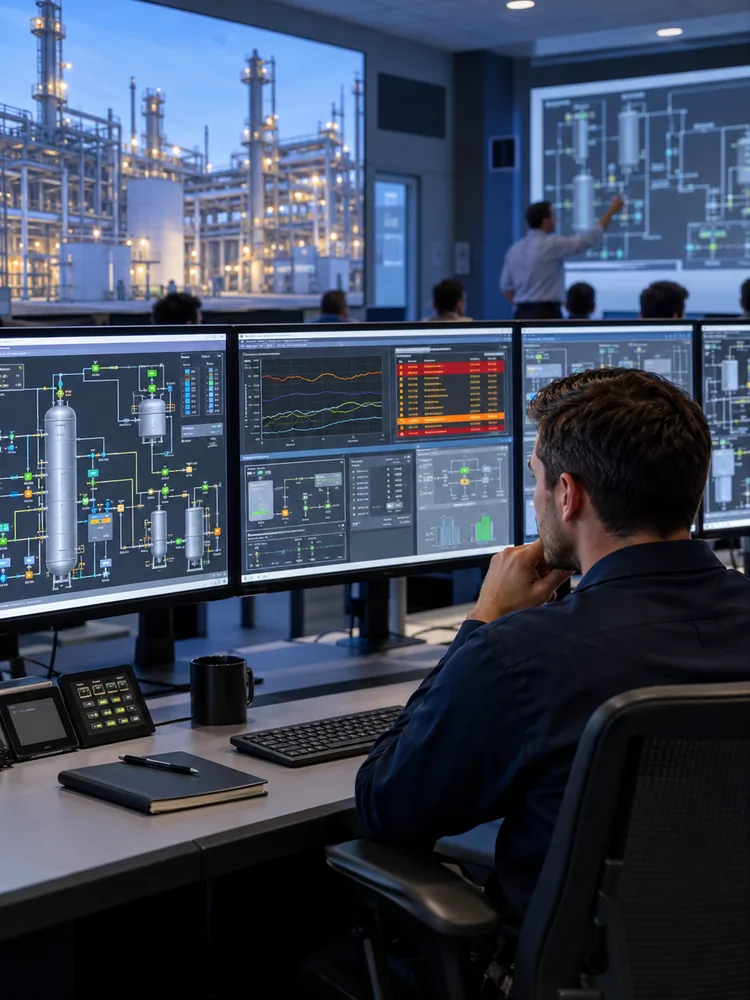An operator reviews process graphics, trends, and alarms at a console while an instructor points to a process display in a training room.