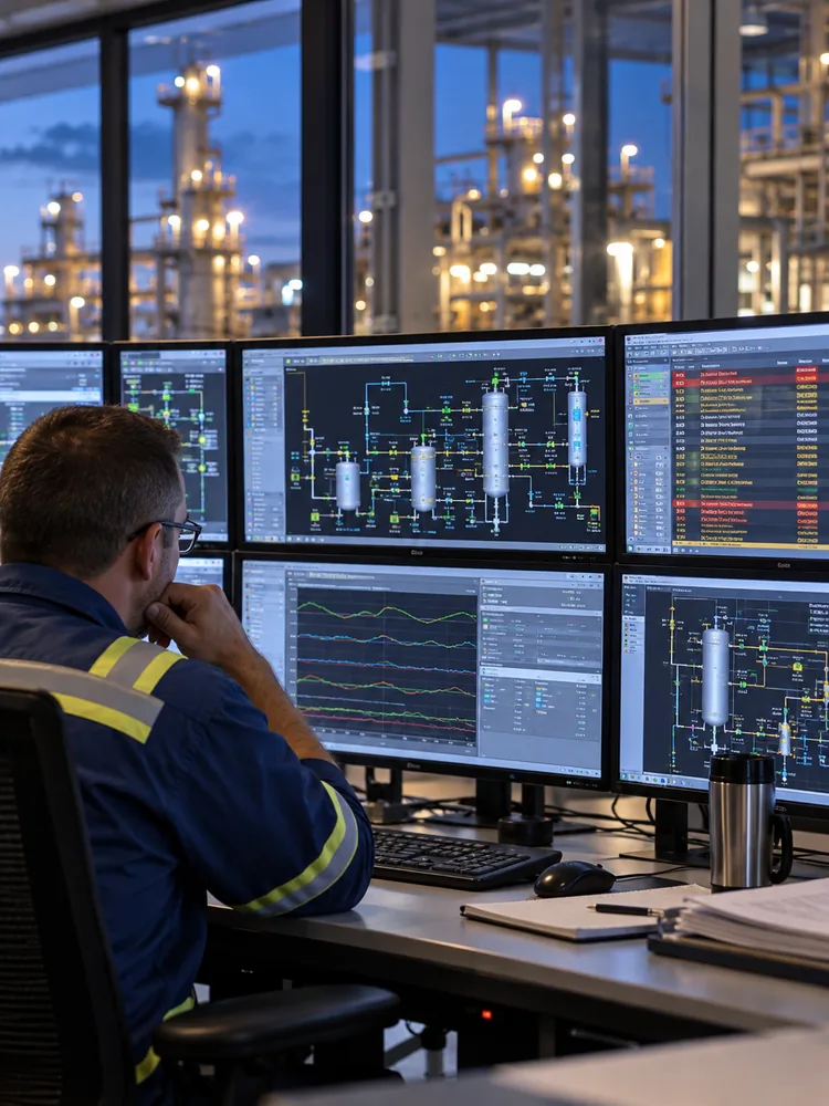 An engineer reviews process graphics, trend charts, and an alarm list at a control-room console, with the plant visible through the windows at dusk.