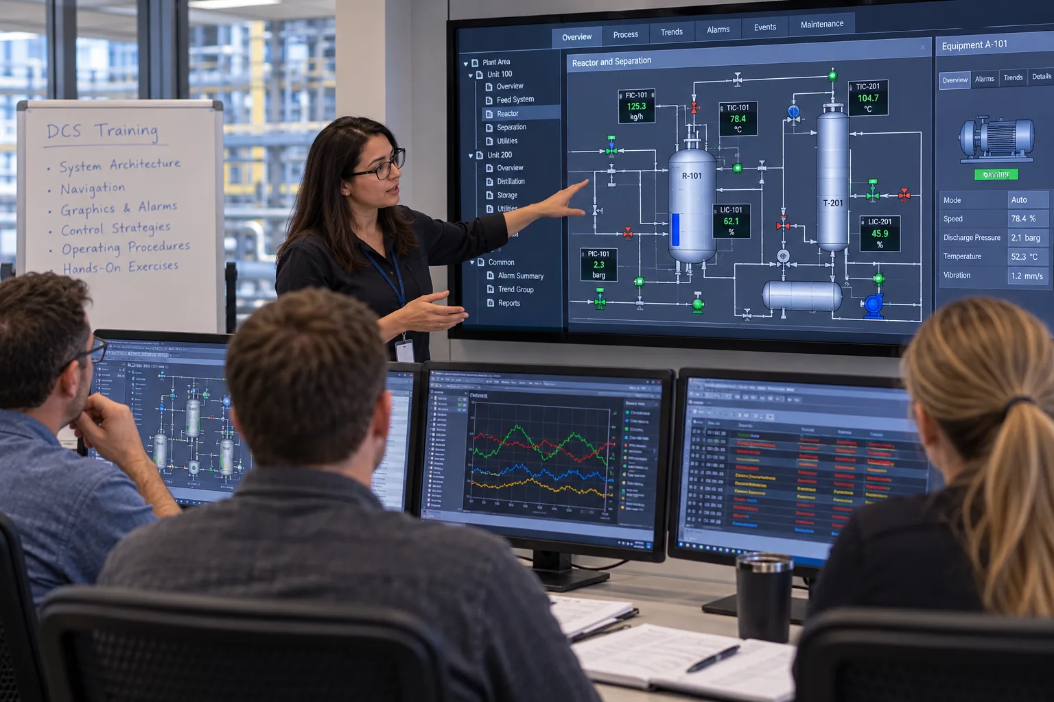 An instructor points to a process graphic during a DCS training class while trainees work at stations, with a whiteboard listing architecture, graphics, alarms, and control strategies.