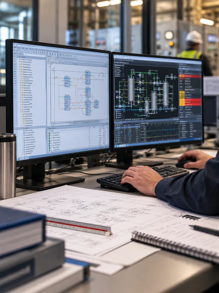 An engineer reviews a control diagram and a process graphic at a dual-monitor workstation, with marked-up drawings on the desk.