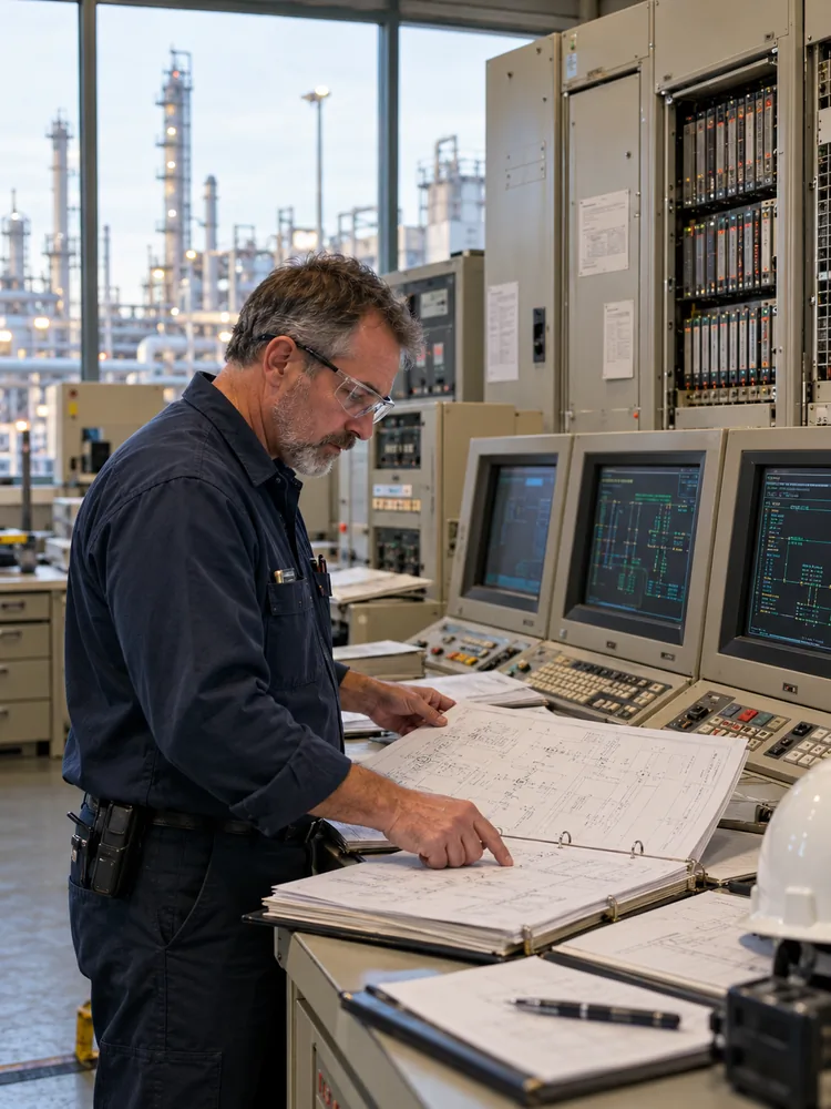 An engineer points to a printed schematic beside legacy control-room consoles and open card racks, with the plant visible through the windows.