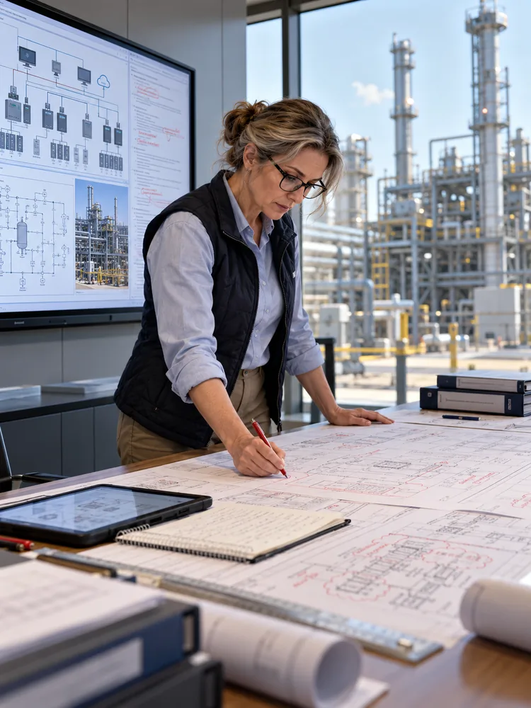 An engineer marks up control-system drawings beside a system diagram on a large screen, with the plant visible through the window.