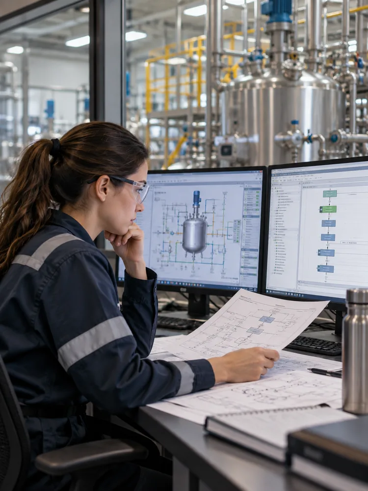 An engineer compares a printed procedure to a reactor graphic and a step sequence on dual monitors, with process vessels behind the glass.