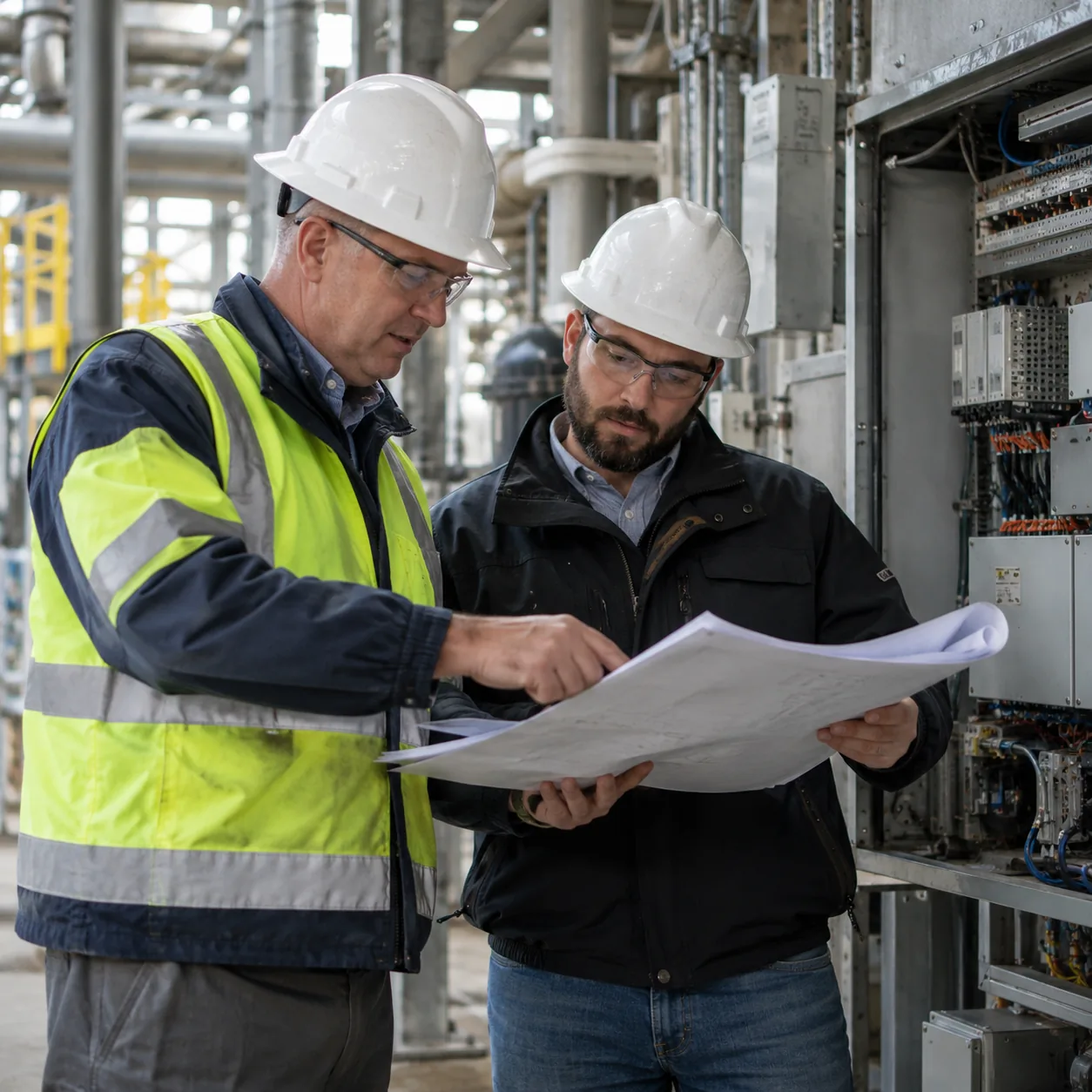 Two engineers in hard hats and safety glasses review drawings beside an open industrial control cabinet in a process plant.