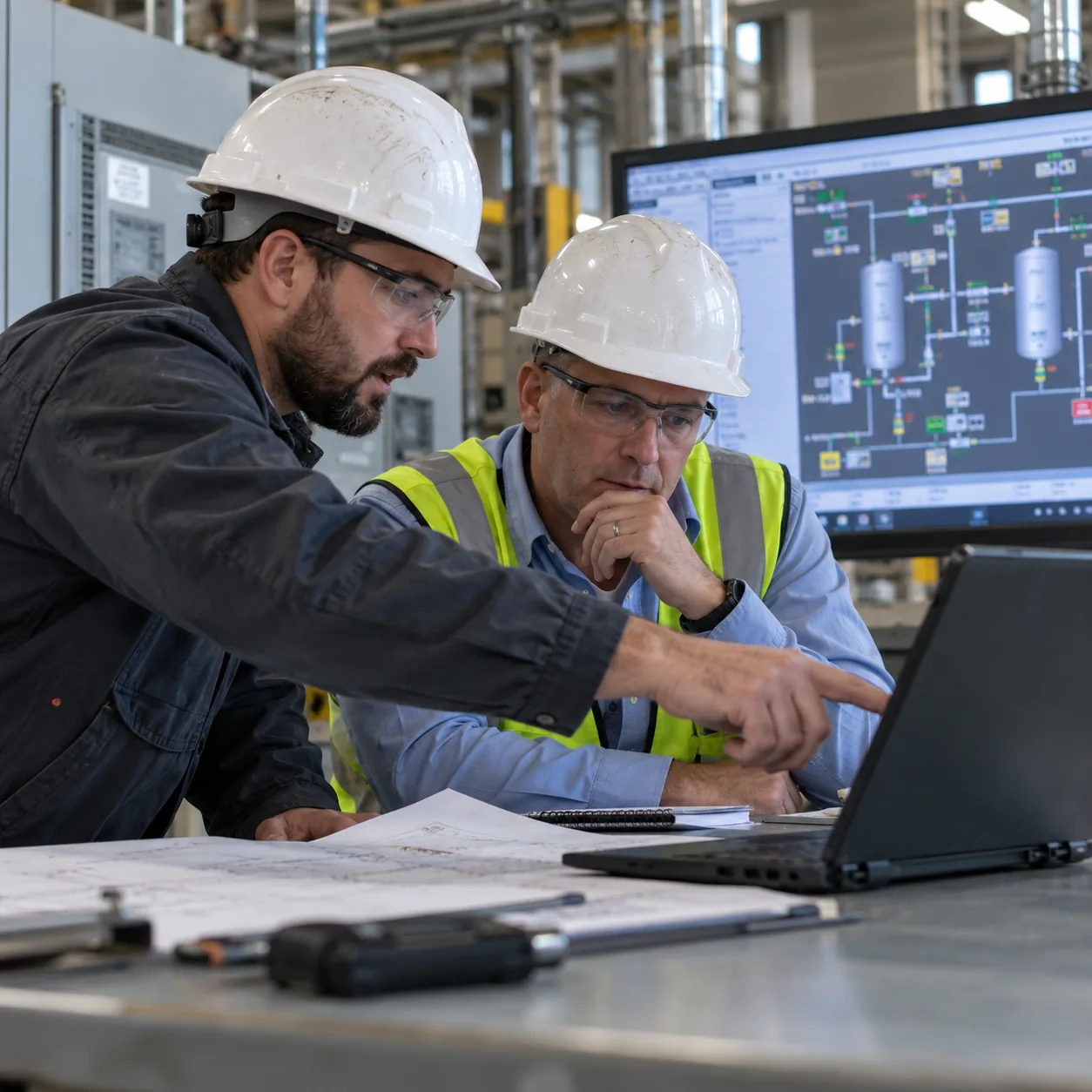 Two engineers in hard hats review a process graphic on a large display and drawings on the table, one pointing at a laptop.