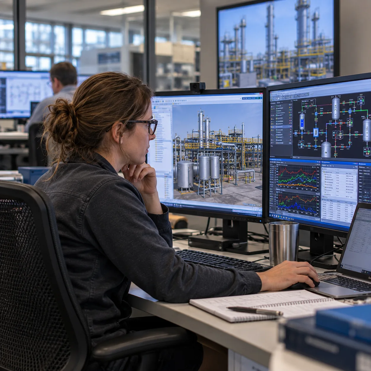 An engineer reviews a 3D plant model on one monitor and a process graphic with trend charts on the other.