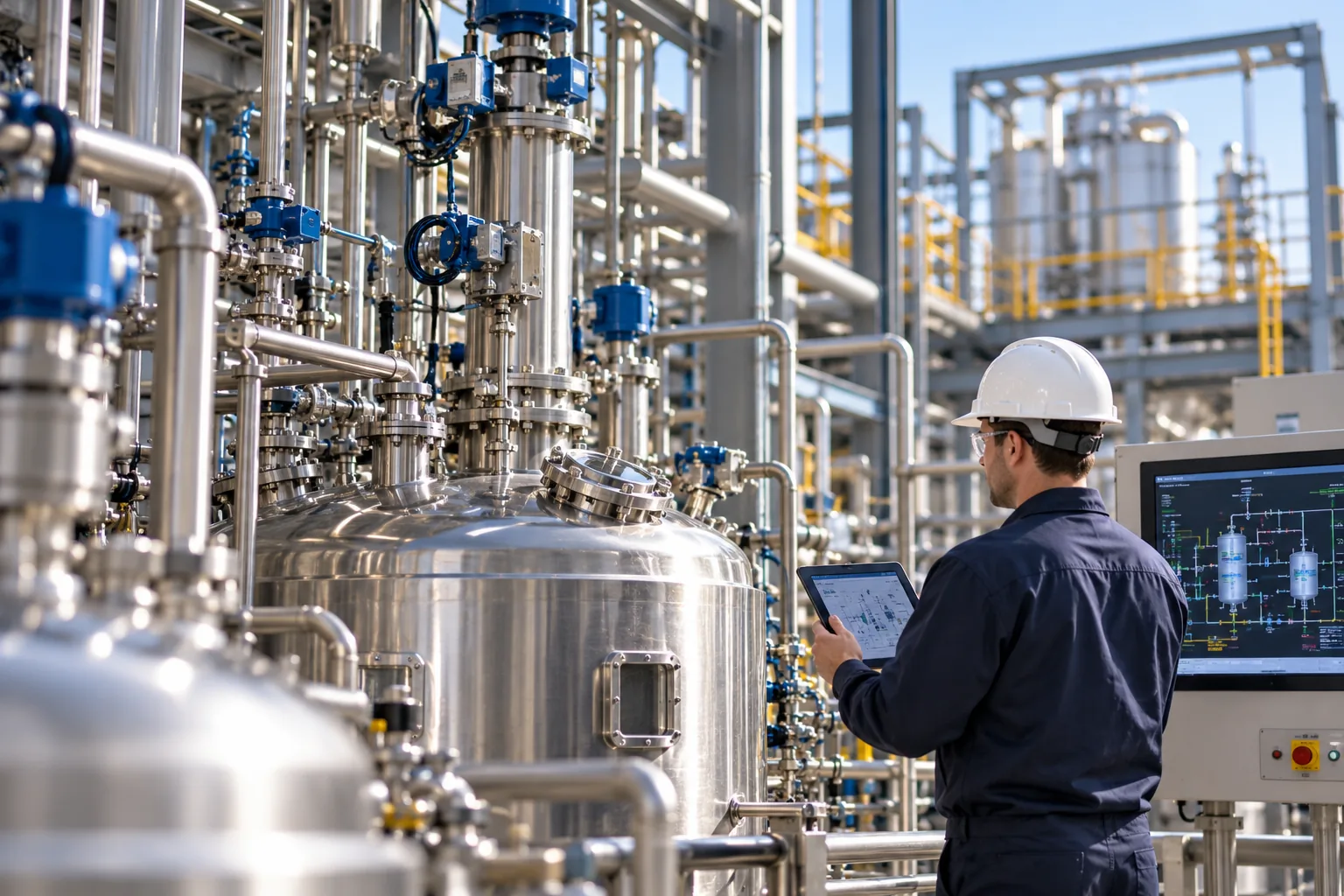 An engineer in a hard hat checks a tablet beside stainless reactors and piping, with a process graphic on a nearby panel.